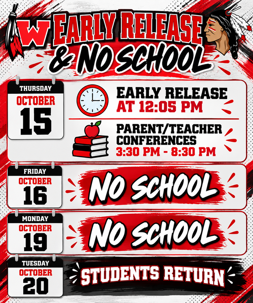 📢 REMINDER: Westside schools will dismiss early at 12:05 PM on Thursday, Oct. 15. Parent-Teacher Conferences will be held from 3:30–8:30 PM. There will be NO SCHOOL Friday, Oct. 16 or Monday, Oct. 19. Classes resume Tuesday, Oct. 20. ❤️🤍