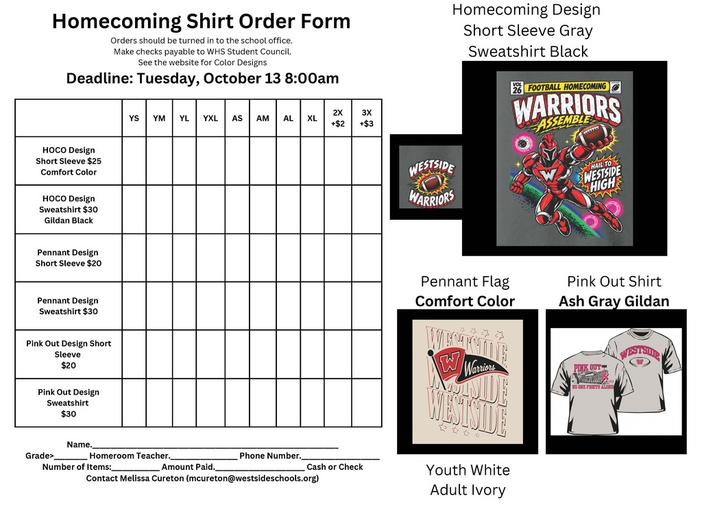 🏈❤️🤍 Warrior Shirt Orders Are Open! Get ready for Football Homecoming and our Pink Out Football Game on October 16! 💗 Check out the shirt designs and complete the order form included on the same sheet! ⏰ Deadline: Tuesday, October 13, at 8:00 AM! Please return completed order forms to the school office. Show your Warrior pride! ❤️🤍🏈