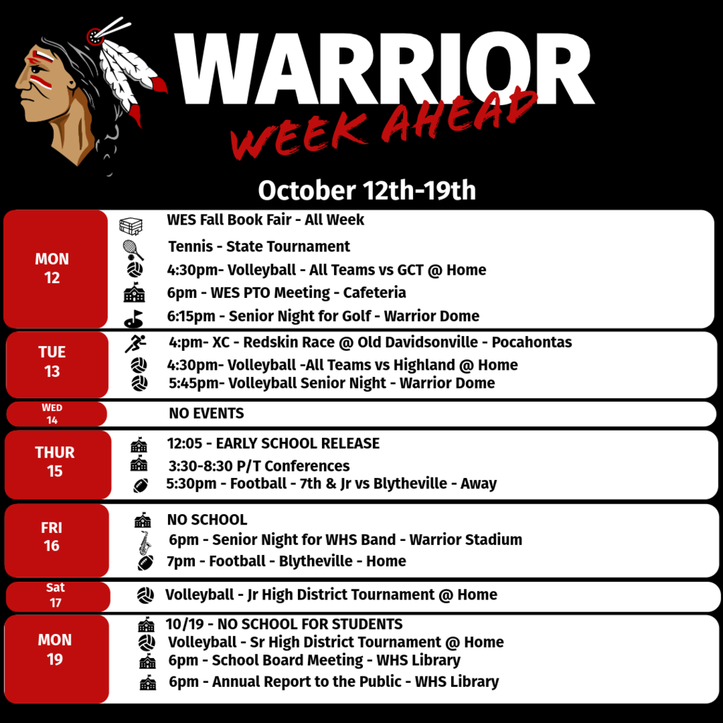 ❤️🤍 It's a busy Warrior Week Ahead! Lots happening across the district October 12–19! Be sure to check out this week's events and take note of these important schedule reminders: 📌 Thursday, October 15: Early Release at 12:05 PM and Parent/Teacher Conferences from 3:30–8:30 PM. 📌 Friday, October 16 & Monday, October 19: No School. Mark your calendars, and come out to support our Warriors! ❤️🤍