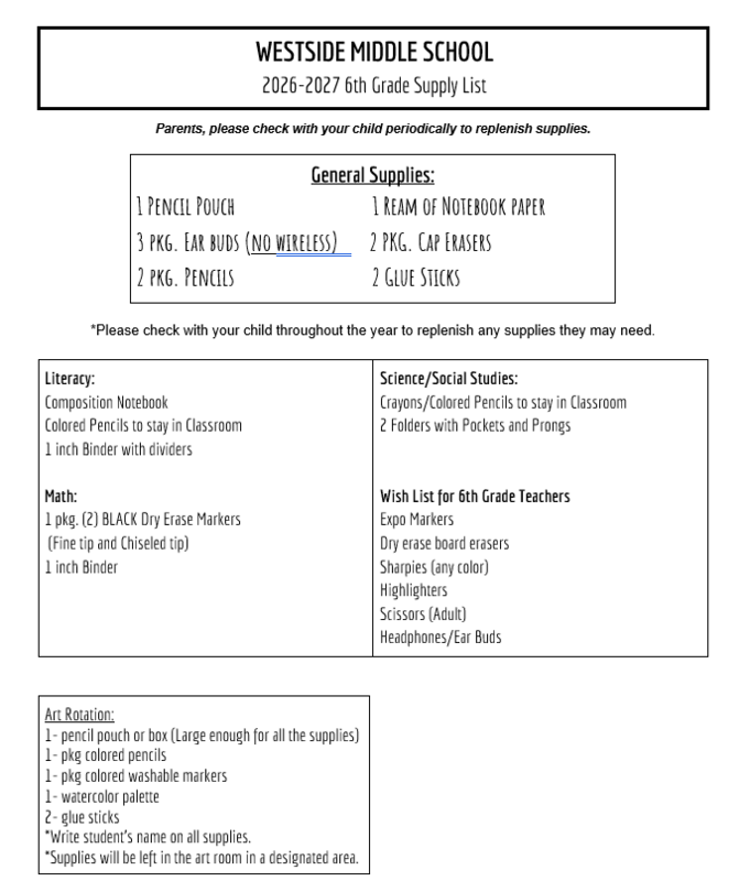School Supply Lists Now Available for the 2026-2027 School Year