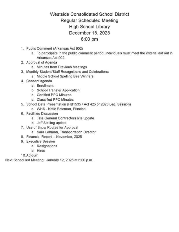 Board Meeting Agenda for Monday, December 15, 2025