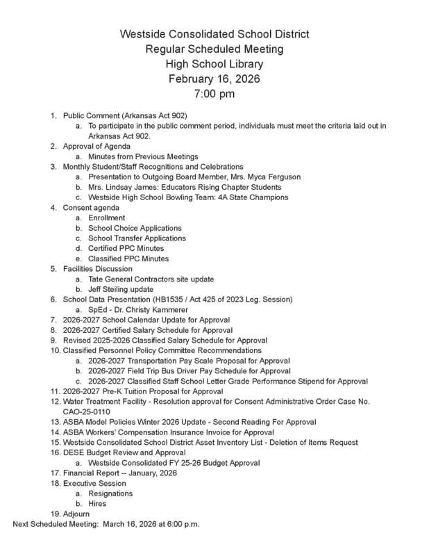 February 16, 2026 School Board Meeting Agenda
