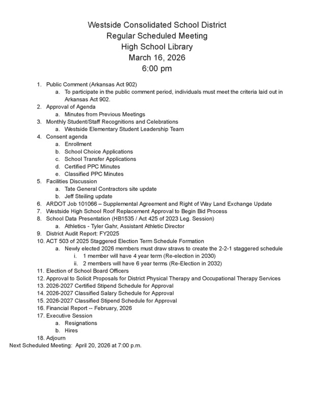 School Board Meeting at 6pm in the high school library