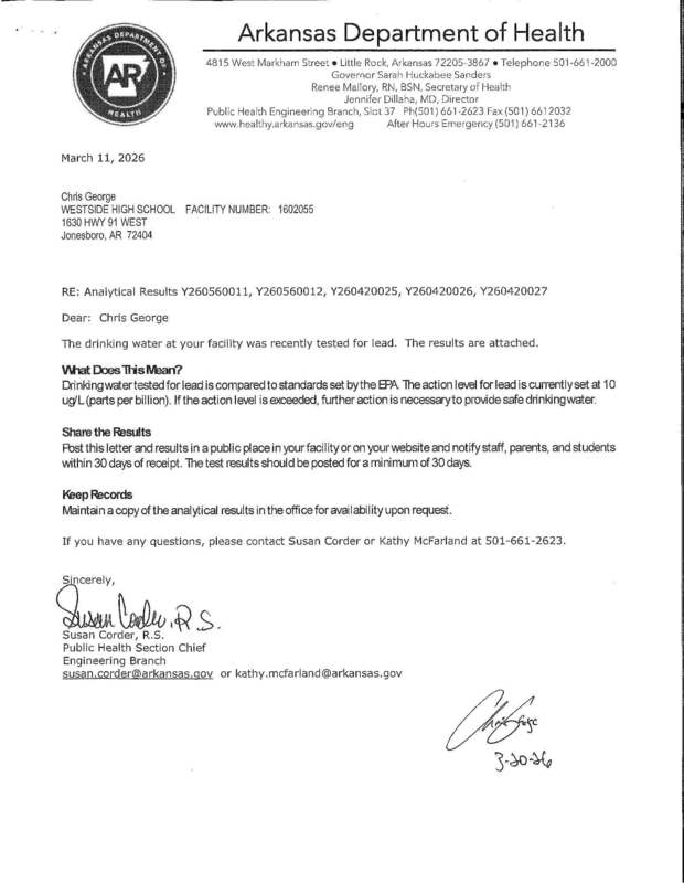 Notice of Drinking Water Testing Results