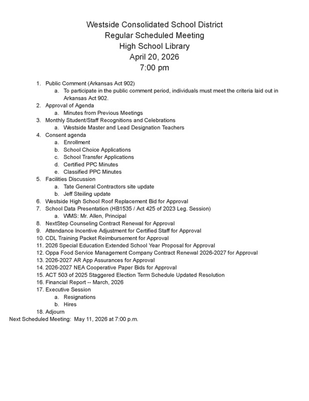 Regular School Board Meeting on Monday, April 20, 2026 at 7pm in the WHS Library