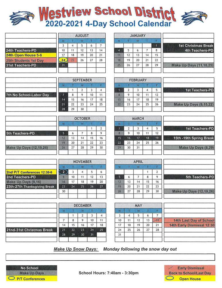 Proposed 2020-2021 4-Day Calendar | Westview C-6 School District