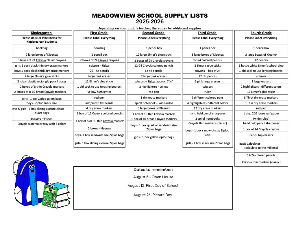 MES School Supply List