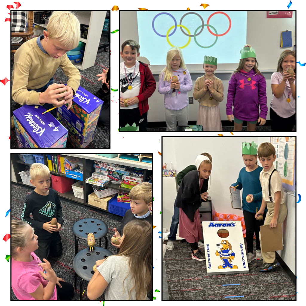 2nd graders participating in olympic-like games using a potato