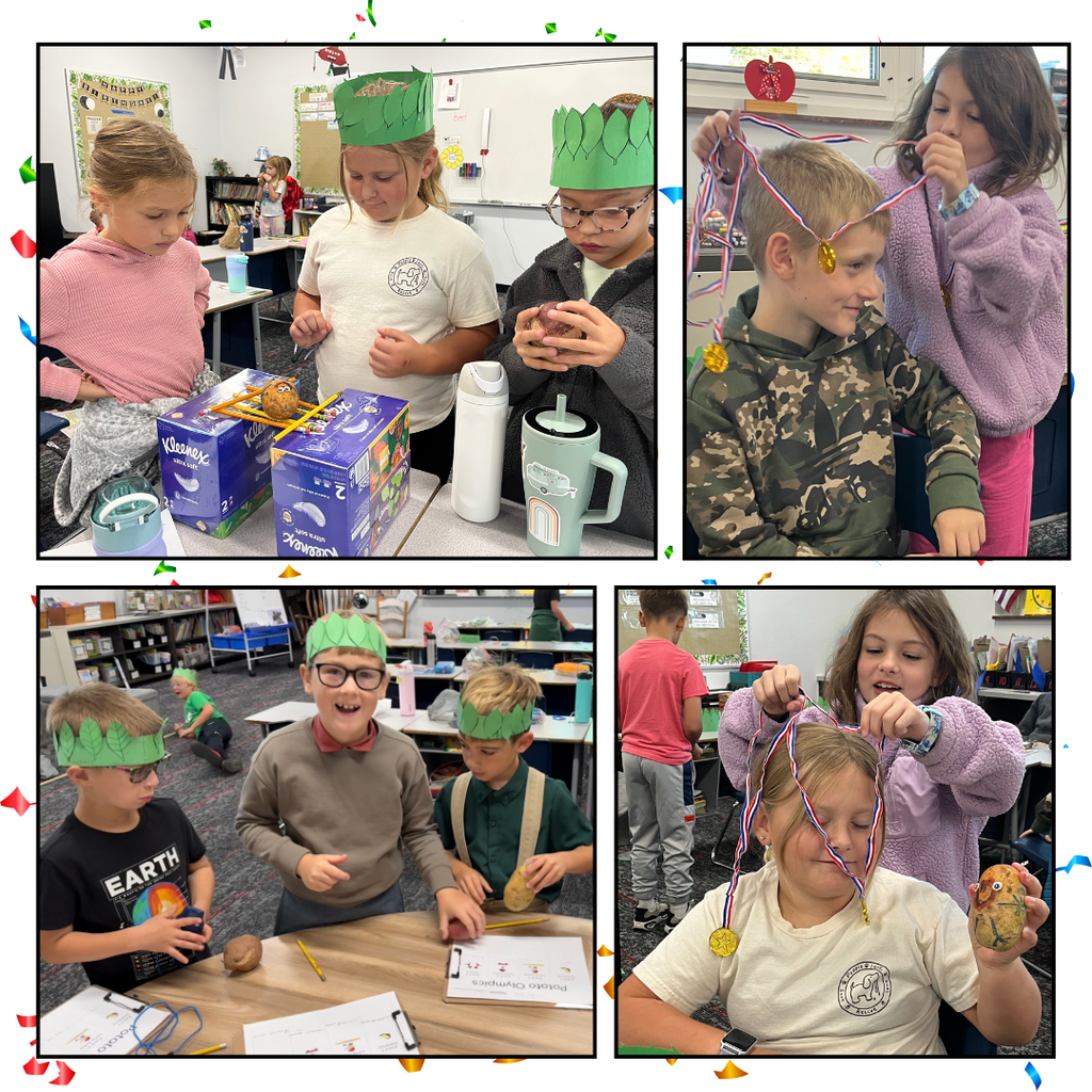 2nd graders participating in olympic-like games using a potato