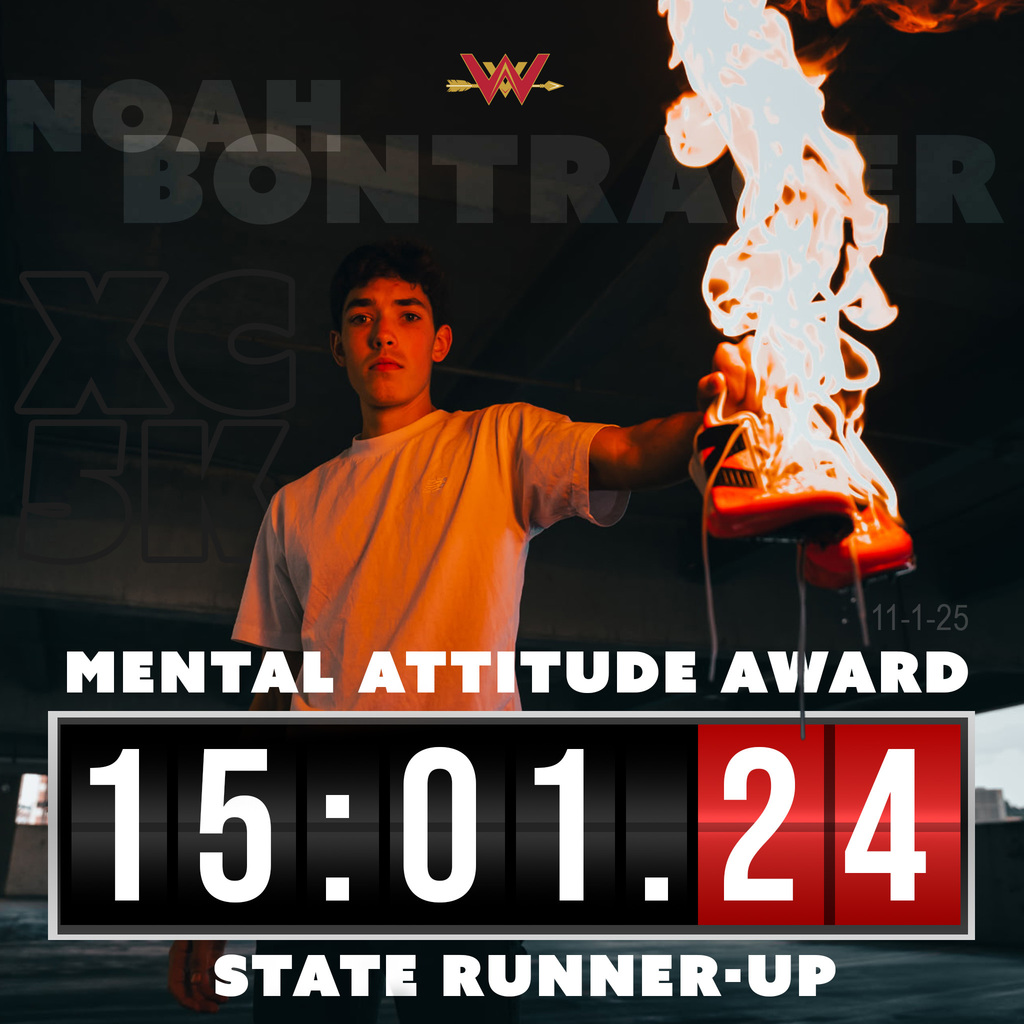 Noah Bontrager mental attitude award winner and state runner up at the cross country 5k in Terre Haute, Indiana with a time of 15:01.24