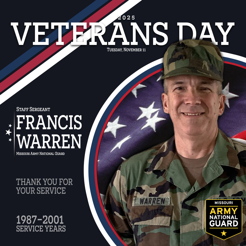 FrancisWarren VETERANS DAY 2025.jpg:  "Staff Sergeant Francis Warren, a Meadowview Elementary Recess Monitor, smiling while wearing a military uniform. He is featured on a Veterans Day graphic highlighting his 14 years of service in the Missouri Army National Guard."