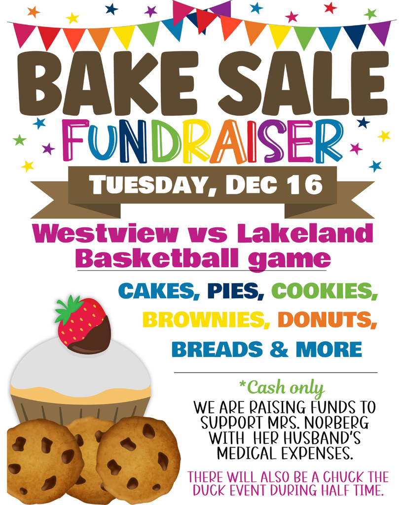 "Flyer for a Bake Sale Fundraiser on Tuesday, December 16, held during the Westview vs Lakeland Basketball game. Items for sale include cakes, pies, cookies, brownies, donuts, and breads. The funds are being raised to support Mrs. Norberg with her husband's medical expenses. The flyer emphasizes 'Cash only' and notes there will be a 'Chuck the Duck event' during halftime."