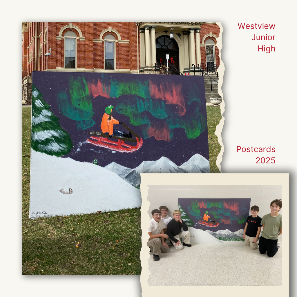 snow mobile northern lights postcard