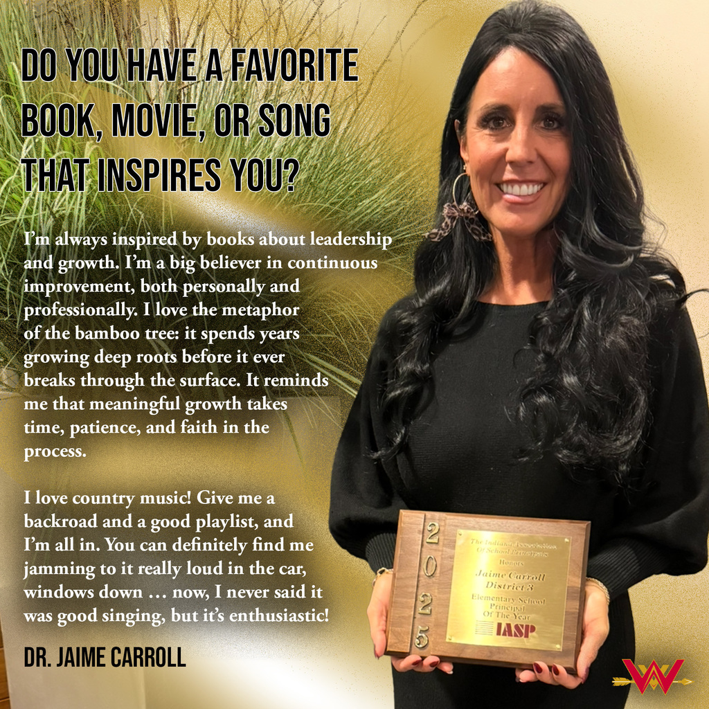 A graphic featuring Dr. Jaime Carroll, the 2025 IASP District 3 Elementary School Principal of the Year. She is holding her award plaque and smiling. The text on the left asks about her favorite inspirations. She explains her love for leadership books and the metaphor of the bamboo tree, which grows deep roots for years before surfacing, symbolizing patience and faith in the growth process. She also mentions her love for country music and singing loudly in the car. The background shows tall green grass and a golden gradient.