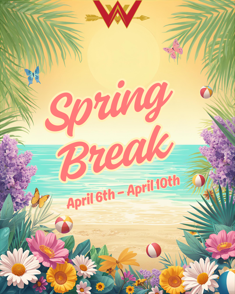 A vibrant, tropical-themed graphic announcing Spring Break. The background features a sunny beach scene with a bright yellow sun, calm turquoise water, and a sandy shore. Framing the image are lush green palm fronds, purple lilacs, and an array of colorful daisies and flowers at the bottom. Several beach balls and butterflies in shades of blue, pink, and orange are scattered throughout the scene. At the top center is a red "W" logo over a golden arrow. The center of the image features the words "Spring Break" in a large, pink cursive font, with the dates "April 6th – April 10th" printed in a smaller pink sans-serif font below it.
