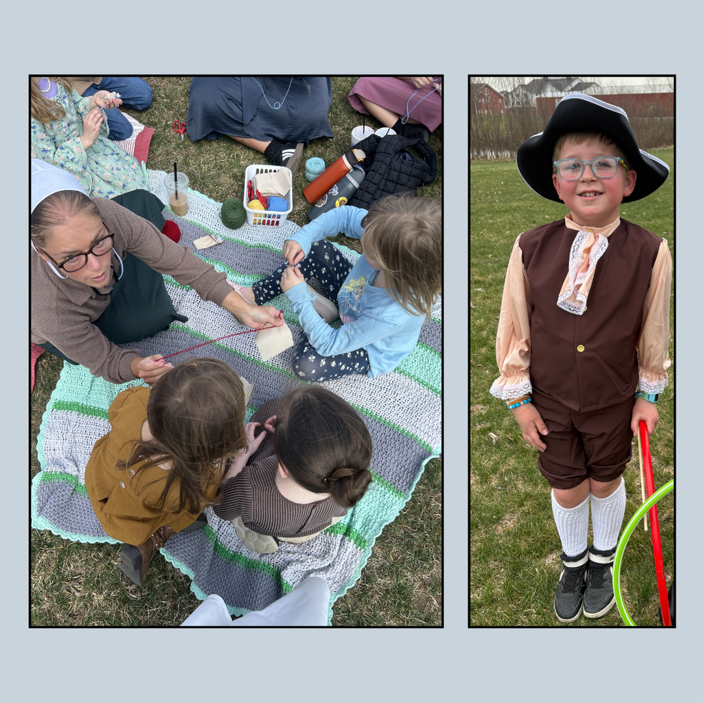 1st grade dressed in colonial attire and playing games