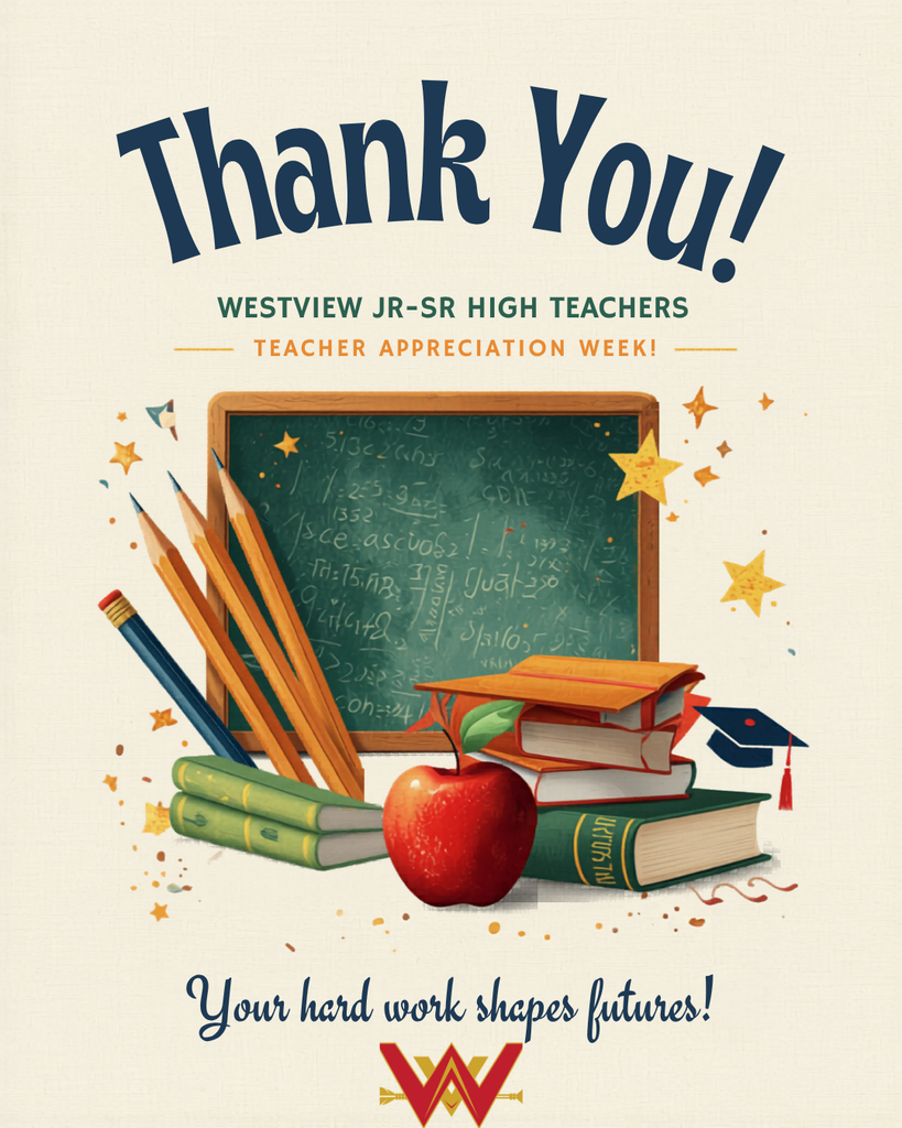A Teacher Appreciation Week graphic for Westview Jr-Sr High. The top reads "Thank You!" in large navy blue letters. The center features an illustration of a chalkboard, a stack of books, a red apple, and pencils surrounded by gold stars. At the bottom, cursive text says, "Your hard work shapes futures!" above a red and gold Westview "W" logo.