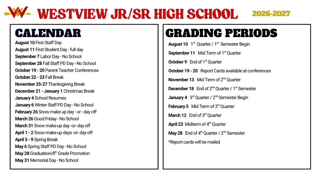 Dates throughout the School Year 2026-2027