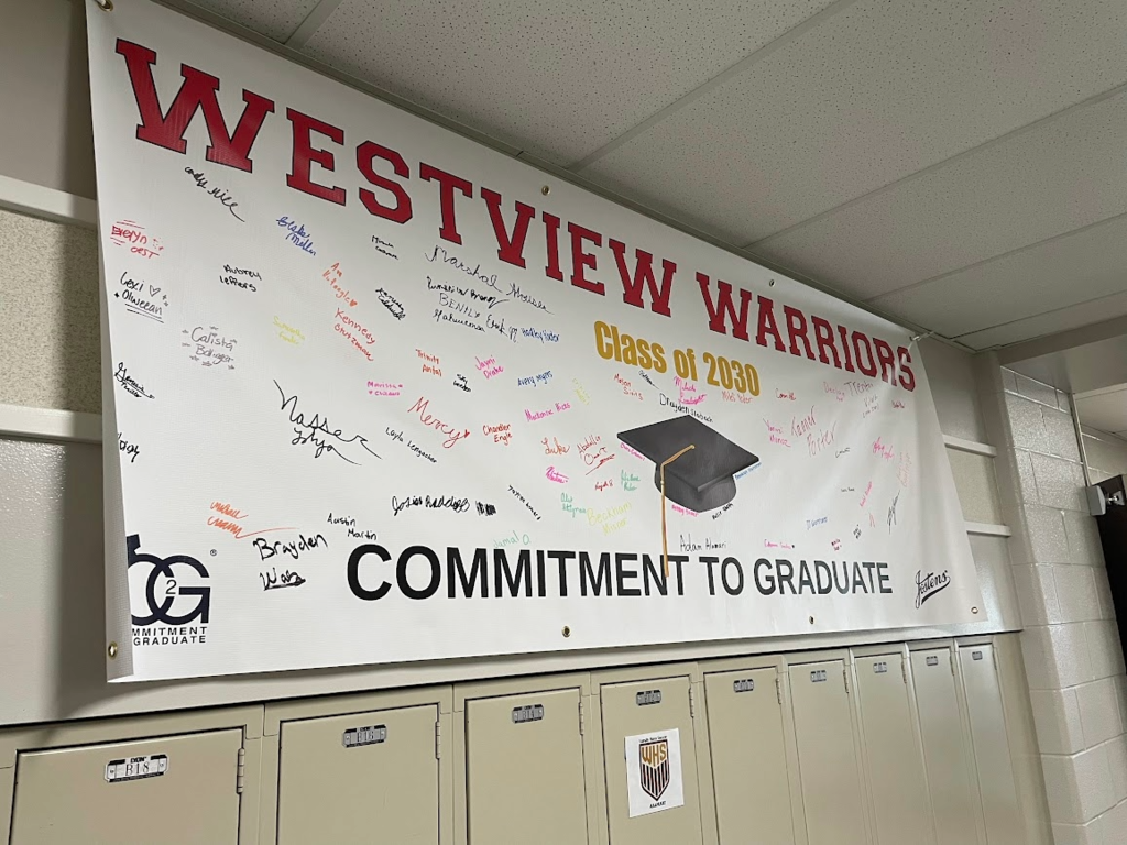 Class of 2030 banner in the hallway