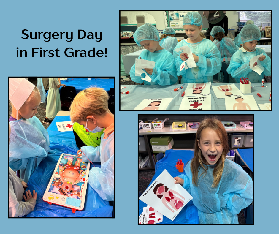 pictures of 1st graders doing activities for their surgery day
