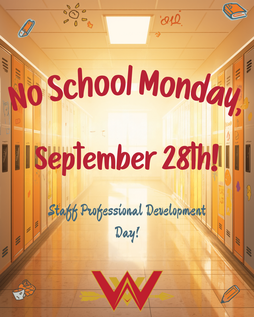 Colorful illustration of an empty school hallway with lockers leading to a bright doorway, decorated with floating school-themed icons including books, pencils, and a clock. Text reads "No School Monday, September 28th! Staff Professional Development Day!" with Westview's W logo at the bottom.