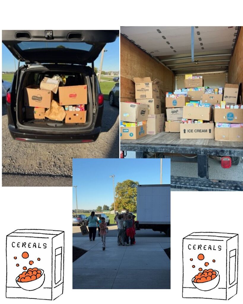 Cereal boxes are being loaded into two vehicles to go to the Lagrange County Food and Clothes basket and to the Middlebury Food Pantry.