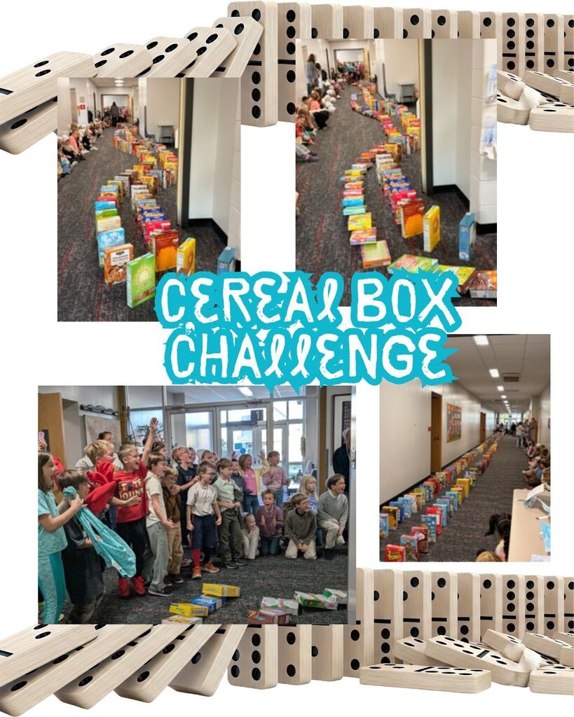 Students are watching as the cereal boxes fall like dominoes.