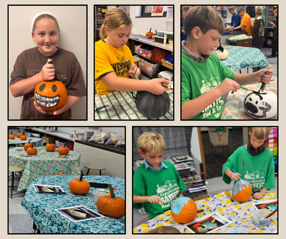 students painting pumpkins