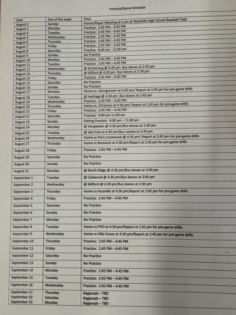 game and practice schedule