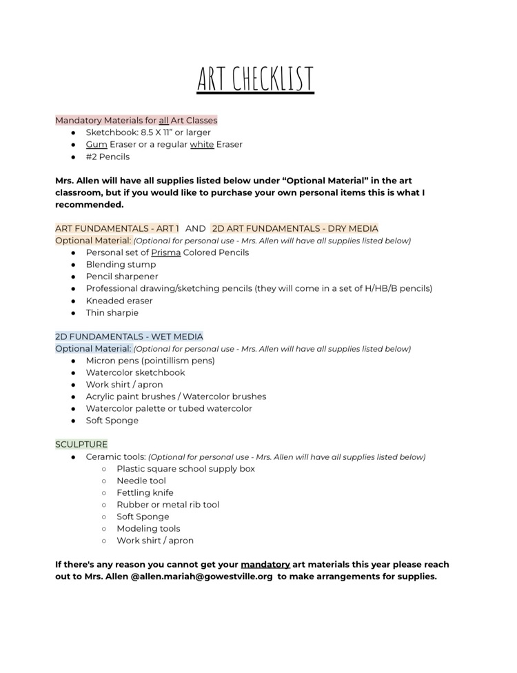 art checklist