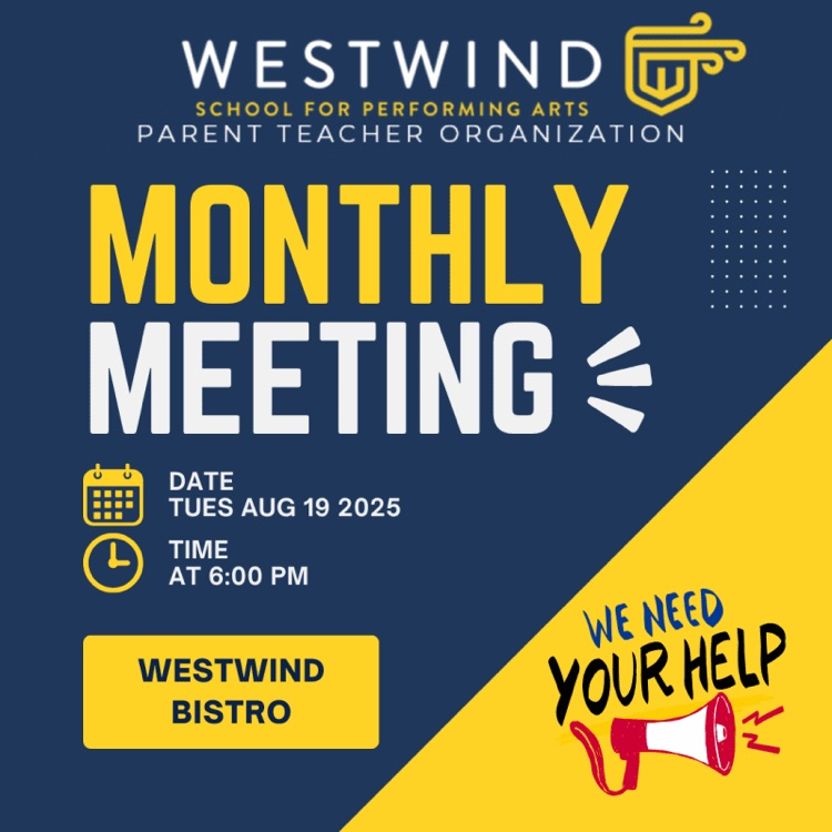 Westwind PTO Flyer for PTO meeting on August 19, 2025 at 6pm in the Westwind school bistro