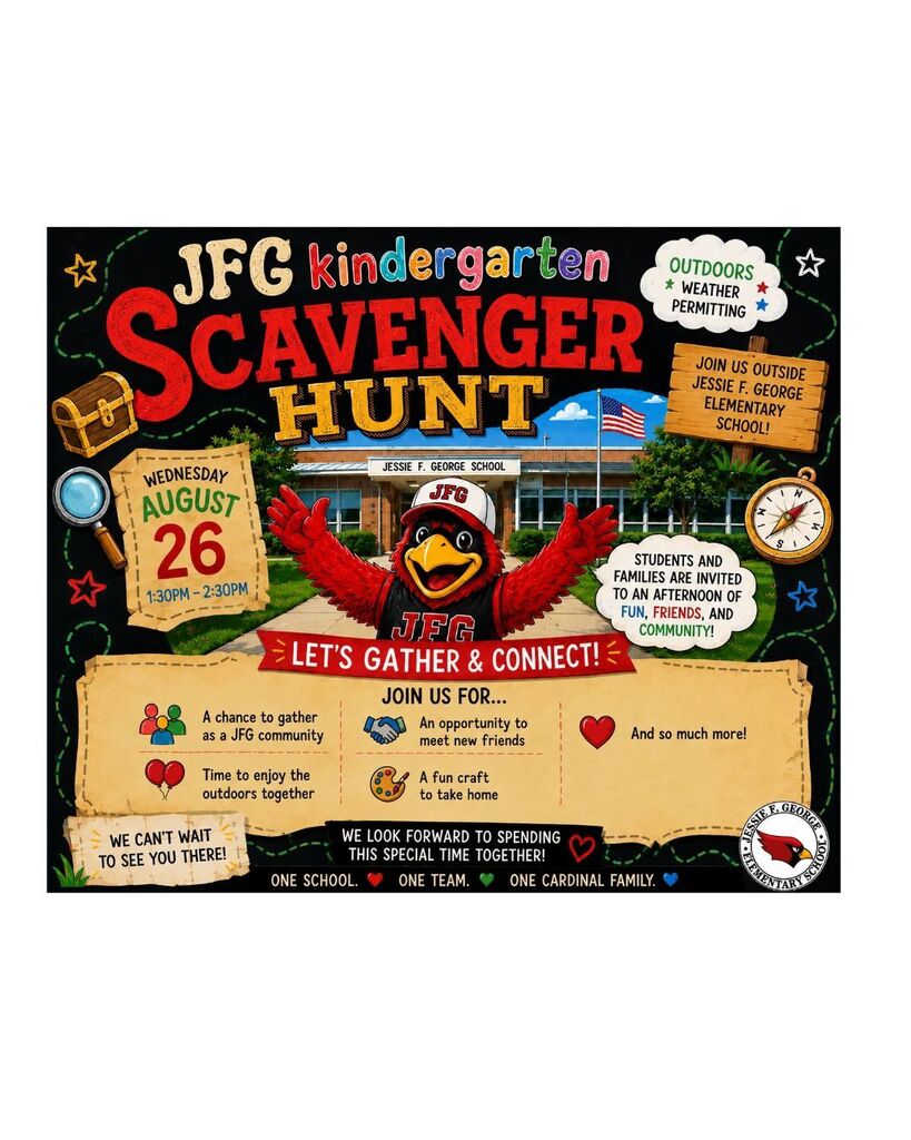 Due to our ongoing construction, our Kindergarten Scavenger Hunt will now take place outdoors! While we may not be able to explore the inside of our school just yet, we are excited to turn this into a wonderful opportunity for our newest Cardinals and their families to gather, connect, make new friends, and enjoy some JFG fun together. ❤️🖤