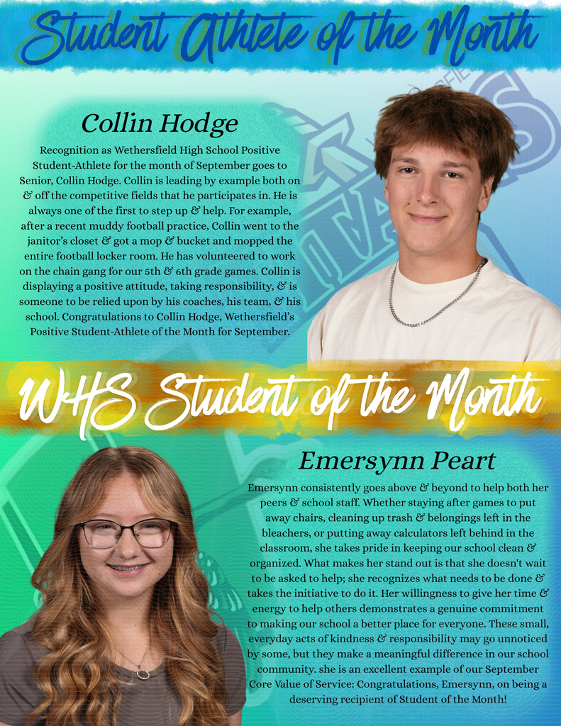 Student athlete of the month is Collin Hodge. Students of the month is Emmersynn Peart.