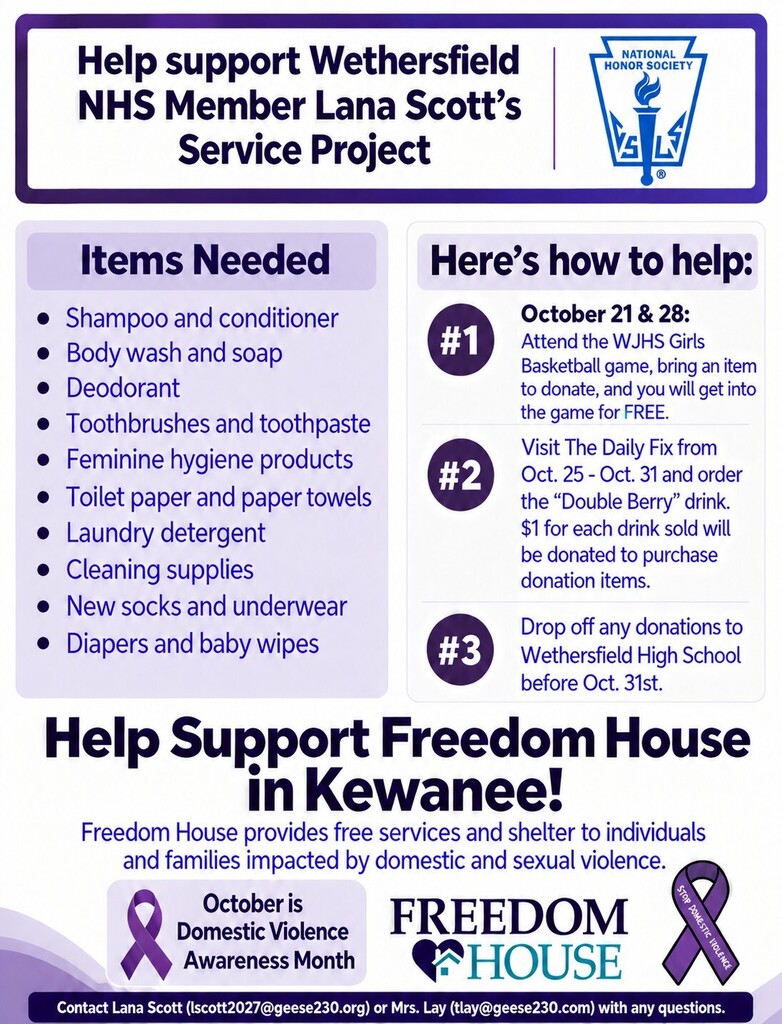 Please support Wethersfield NHS Member Lana Scott's Service Project for the Freedom House in Kewanee.