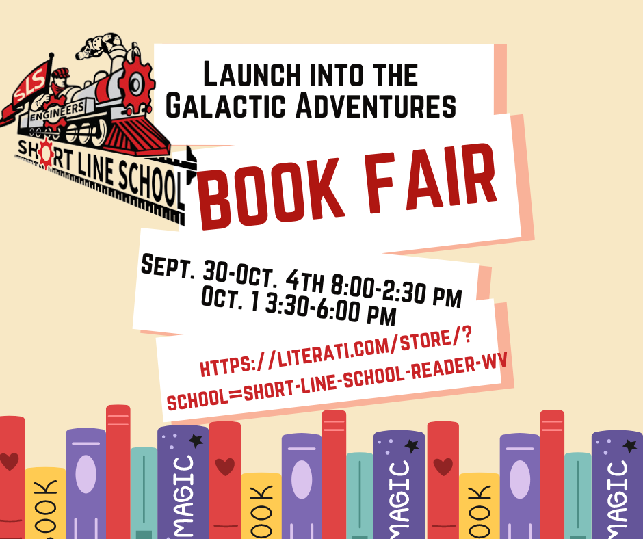 Book fair flyer for Short Line school; Sept 30-Oct 4th 8:00-2:30 pm; Oct 1-3:30-6:00 pm