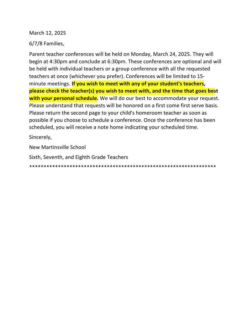 Parent Teacher Conference Form for 6-8 grade.