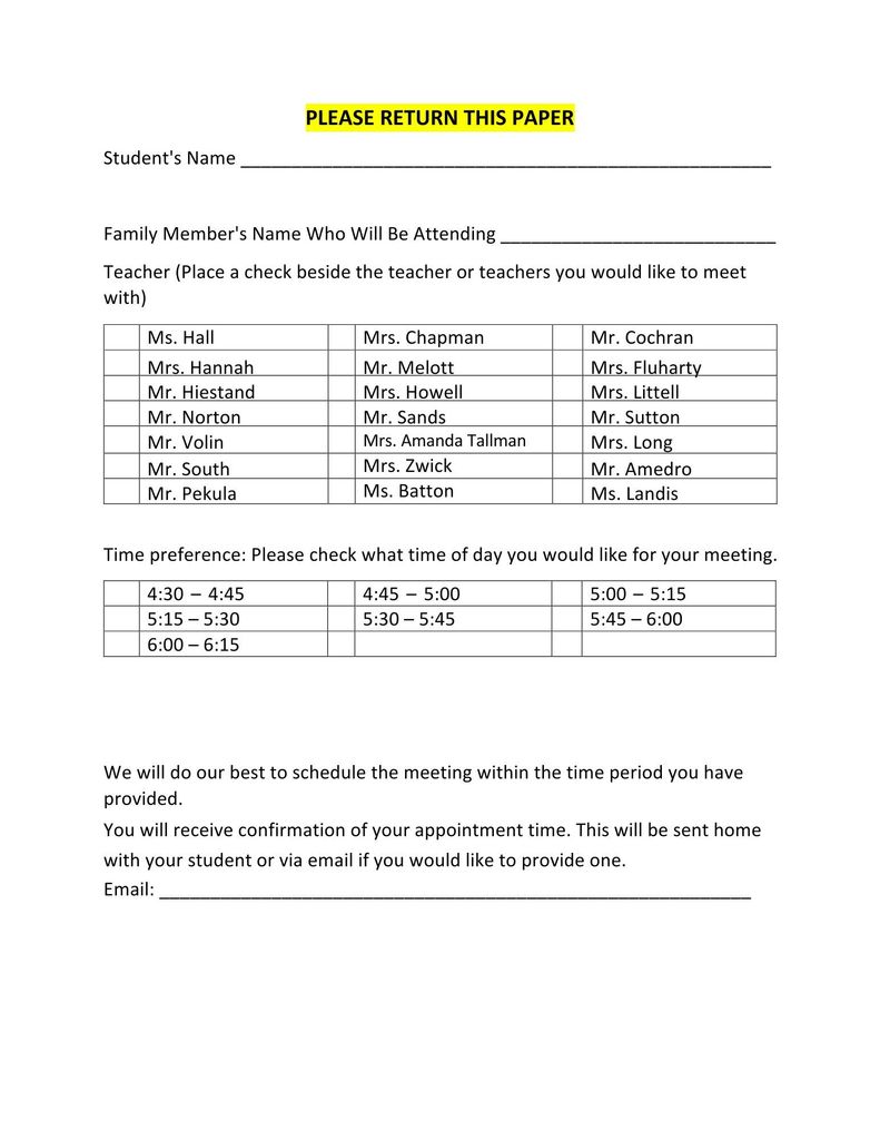 Parent Teacher Conference Form for 6-8 grade.