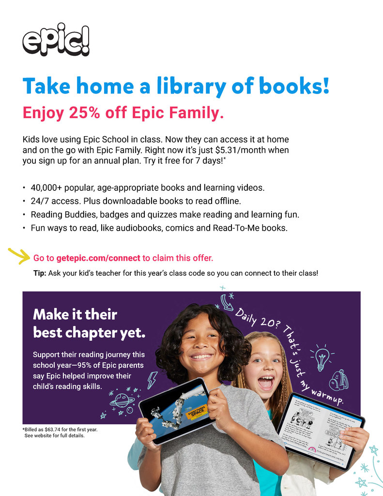 Epic! Take home a library of books and enjoy 25% off Epic Family