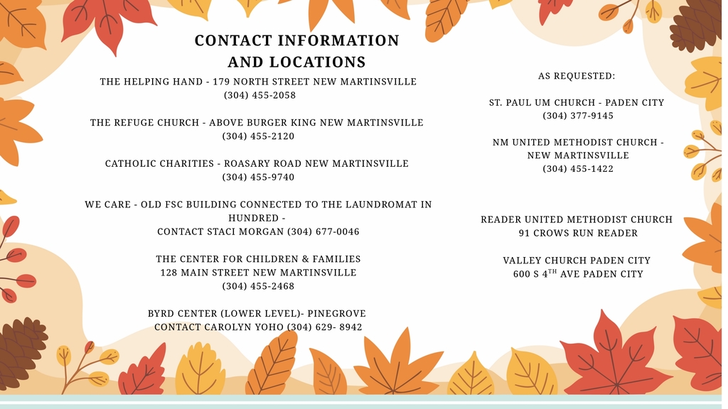 Families of Wetzel County: If you’re concerned about food programs expiring on November 1, we’ve got you covered. We’ve attached a calendar of local food resources, including addresses and phone numbers, to help you out. These flyers will be coming home with students tomorrow — please share them with anyone who could use a little extra support.  Let’s continue to support one another and lend a helping hand across our community. #WetzelCountySchools #CommunityStrong