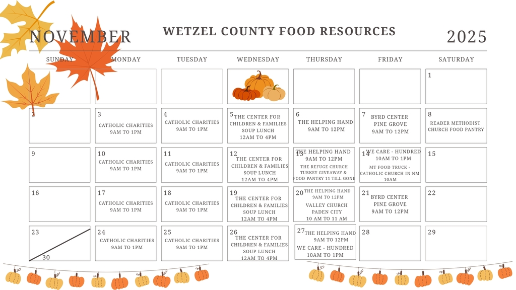 Families of Wetzel County: If you’re concerned about food programs expiring on November 1, we’ve got you covered. We’ve attached a calendar of local food resources, including addresses and phone numbers, to help you out. These flyers will be coming home with students tomorrow — please share them with anyone who could use a little extra support.  Let’s continue to support one another and lend a helping hand across our community. #WetzelCountySchools #CommunityStrong