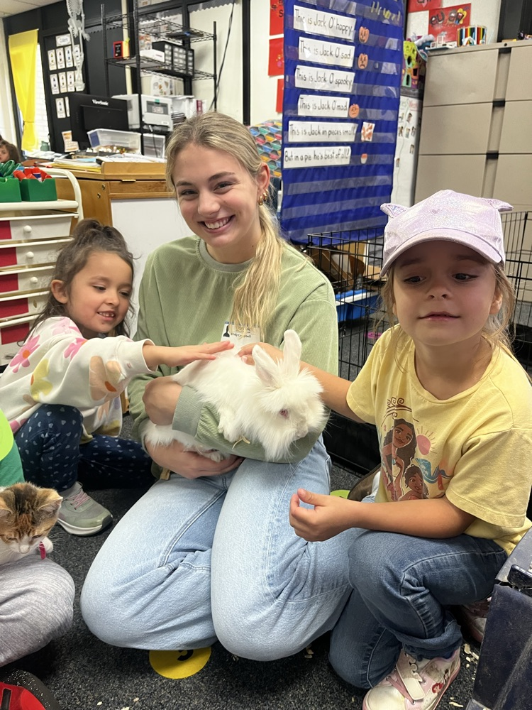 two students and a high school student petting a bunny