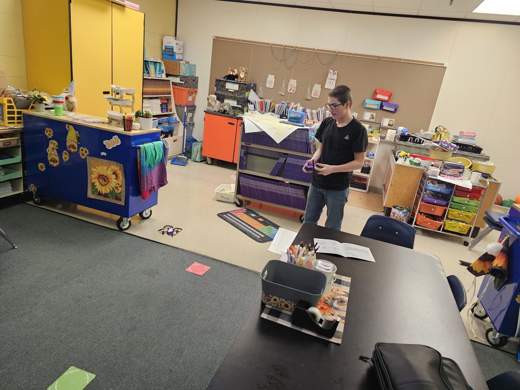 Mes Landis's Project Lead the Way class has been learning all about drones this week. They have practiced taking off and landing the drones, as well as, flying them around the room. The students have also worked in teams to create obstacle course to fly. The students have had fun and looking forward to competing in each other's obstacle courses.