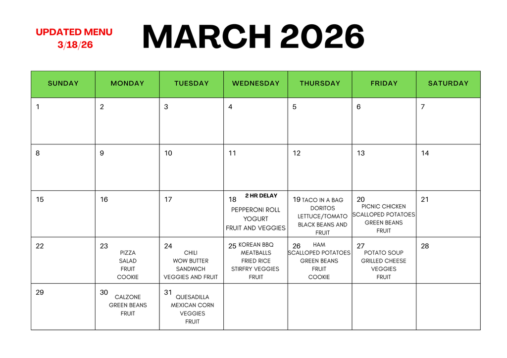 Updated March Lunch Menu