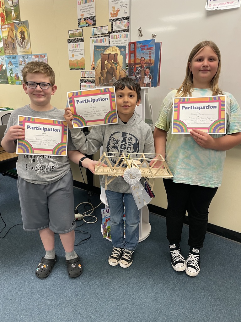 Tied 3rd place Jackson Wright, Elias Lopez & Emmy Morgan holding their bridge, certificates, and ribbon. 