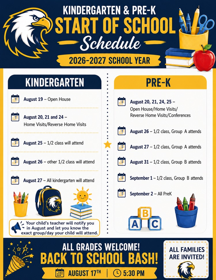 kindergarten and PK start dates flyer in blue and gold 