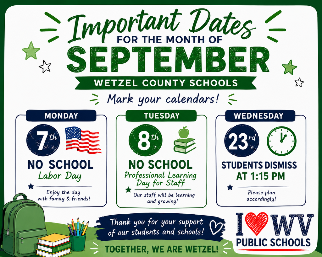 A graphic for Wetzel County Schools features highlighted dates for September. Each date includes an icon and text.