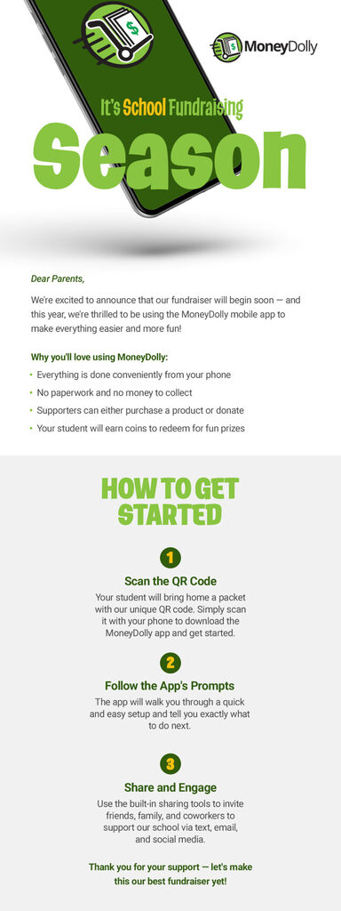 An advertisement for a mobile app. It says, "It's School Fundraising Season." A phone with an app logo is at the top.