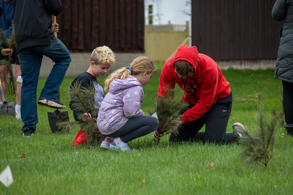 Two younger students getting help from an older student to plant a tree 