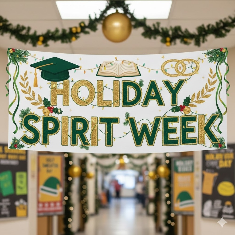 Holiday spirit week banner in gold and green