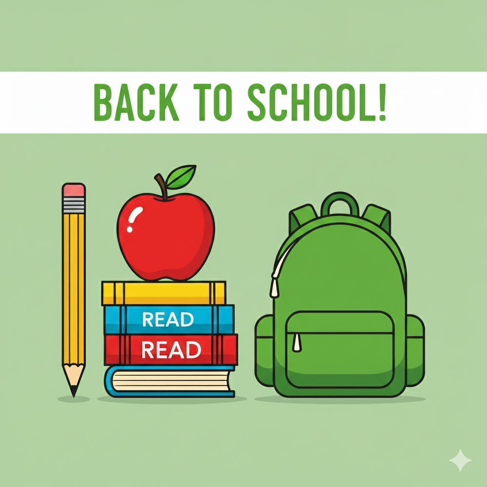 Back to school graphic, with a pencil, apple and backpack.